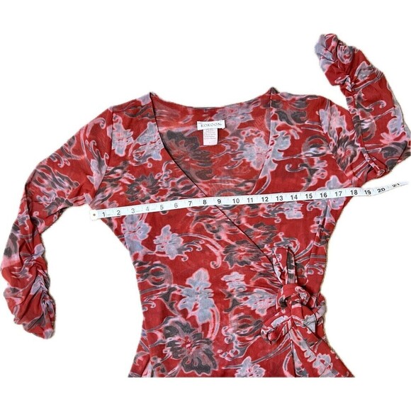 Kokoon Women’s Ruched Sleeve Raw Edge Floral Red Stretchy V-neck Wrap‎ Dress S - Picture 10 of 12